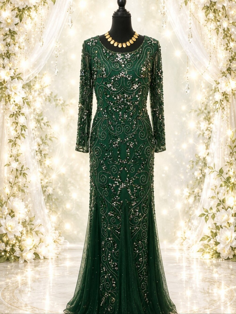 Elegant Emerald Green Beaded Evening Dress